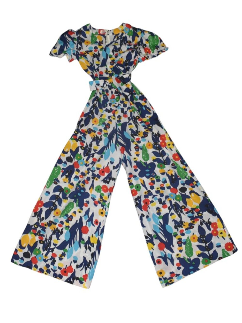 Vintage 60s 70s Cherry Japan Mod Floral Wide Leg Jumpsuit XS Belted Colorful